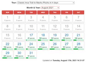 Disponibilidad Camino Inca 2024 & 2025